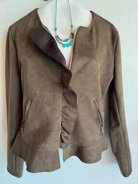 Westport Olive Ruffle-Trim Zip Front Jacket